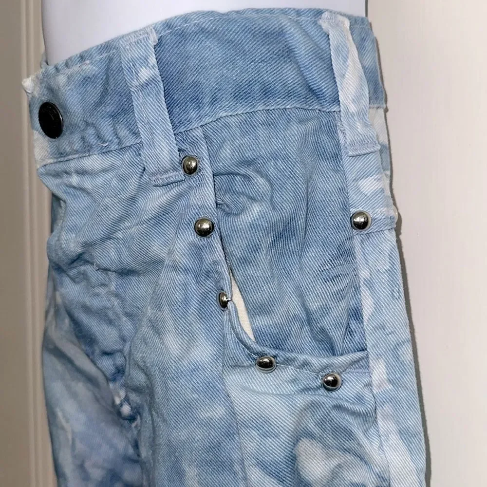 Vintage 70s Mambro Girls Blue Tie-Dye Bell Bottom Cuffed Jeans with Silver Studs
